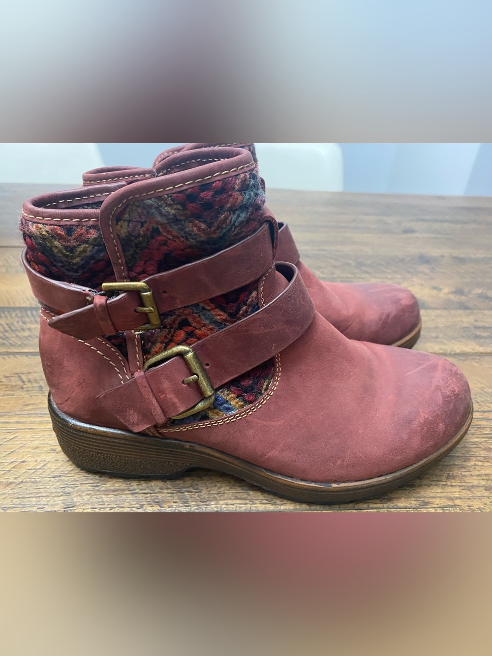 Bionica Elba Leather Ankle Boots Eggplant Wine Knit Buckle Boho 6M